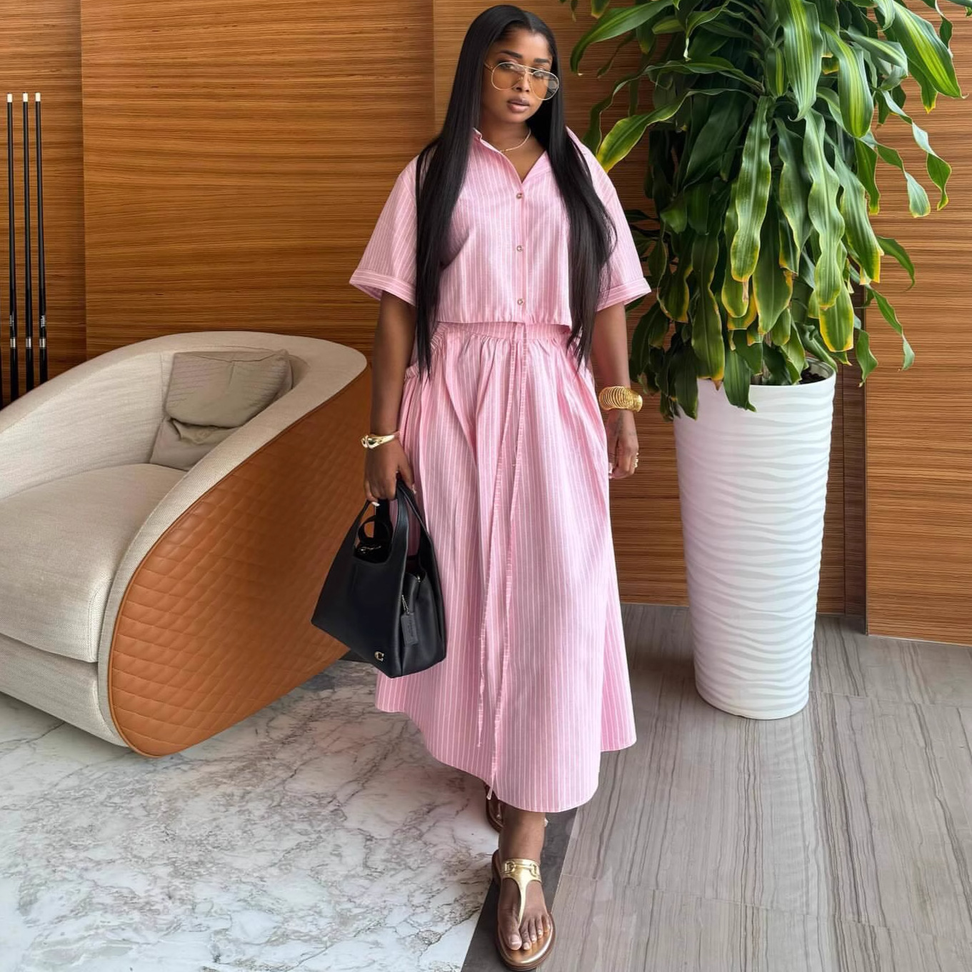 欧美翻领条纹短袖开衫衬衫高腰修身绑带半身裙非洲新款时尚两件套