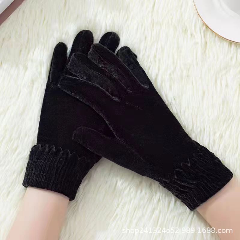 Gold Velvet Elastic Screw Type Gloves Multi-Color Women's Fashion Etiquette Cycling Cold Protection Autumn and Winter Warm Handmade