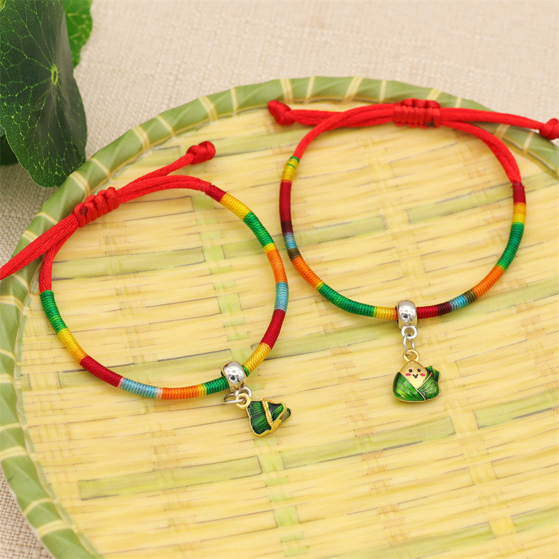 New Dragon Boat Festival Colorful Rope Bracelet Metal Small Zongzi Bamboo Joint Winding Pull Carrying Strap May Festival Ornament Wholesale