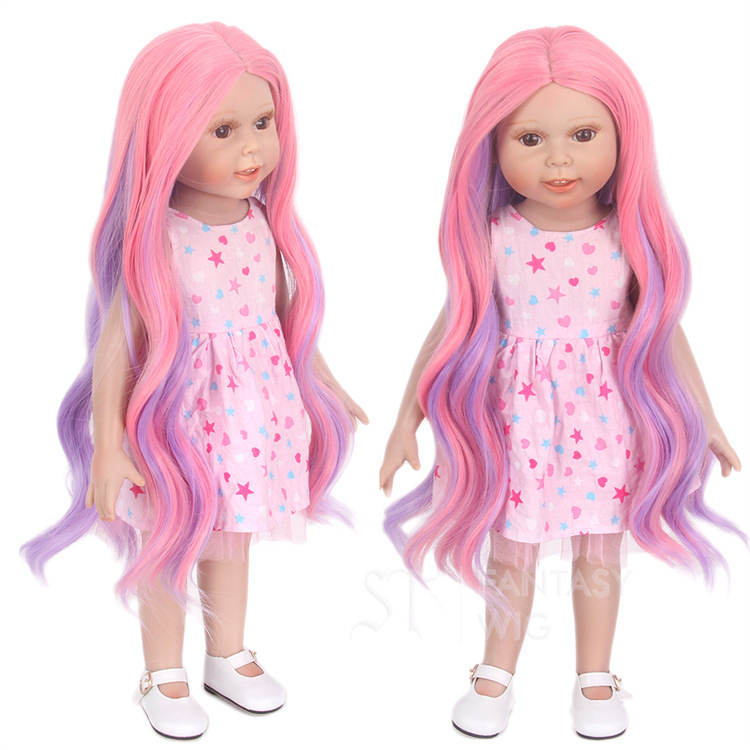 假发批发美国热卖18寸女孩娃娃化纤假发粉色长卷发高温丝娃娃假发