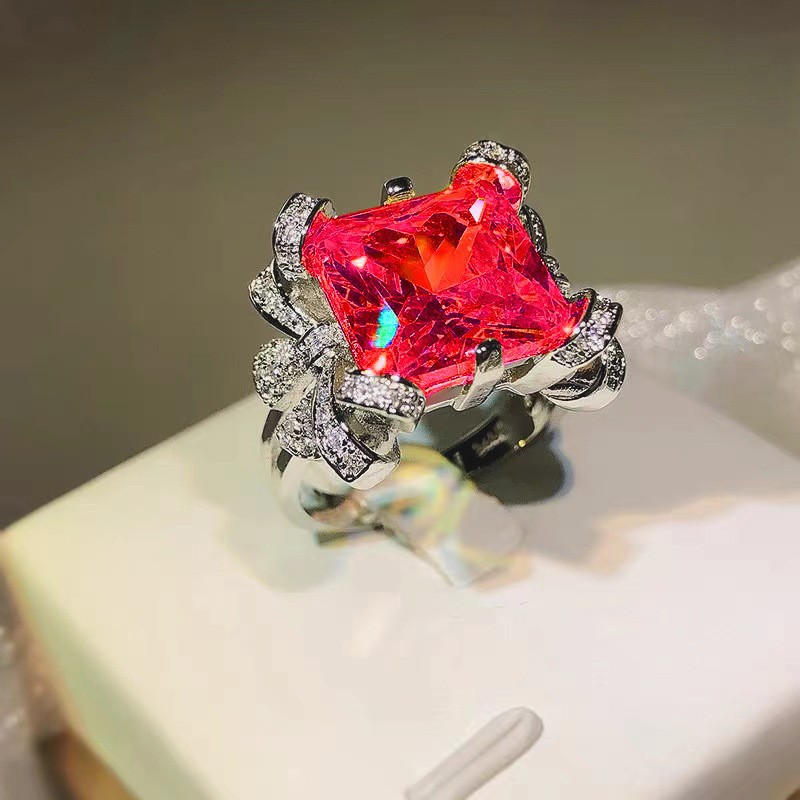 欧美跨境轻奢气质公主时尚简约方鸽血红刚玉戒指女红碧玺开口指环