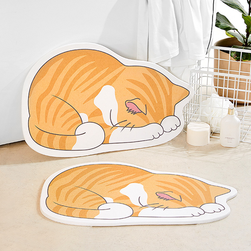 卡通卧倒猫咪造型硅藻土地垫吸水家用浴室门口防滑硅藻泥脚垫
