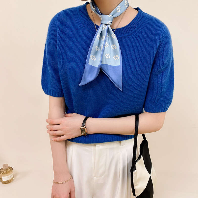 Blue Color Gentle Feeling Spring and Summer Daily with Small Silk Scarf Female Hair Band Tied-up Hair Thin Narrow Ribbon Arm Bag Scarf Korean Style