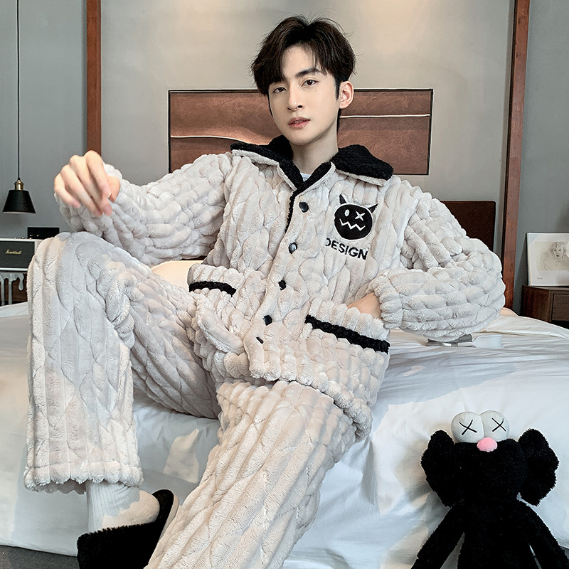 男士睡衣冬季三层夹棉加厚加绒保暖套装大码纯色开衫法兰绒家居服
