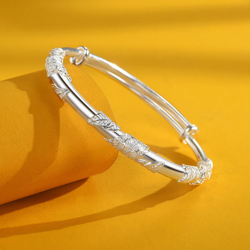 9999纯银手镯女年轻款手饰品繁花似锦足银实心镯子生日礼物母亲节