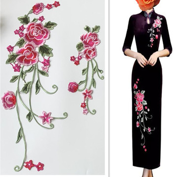 高密度刺绣布贴长条牡丹花缝补丁旗袍衣服裙装饰辅料diy一套2朵