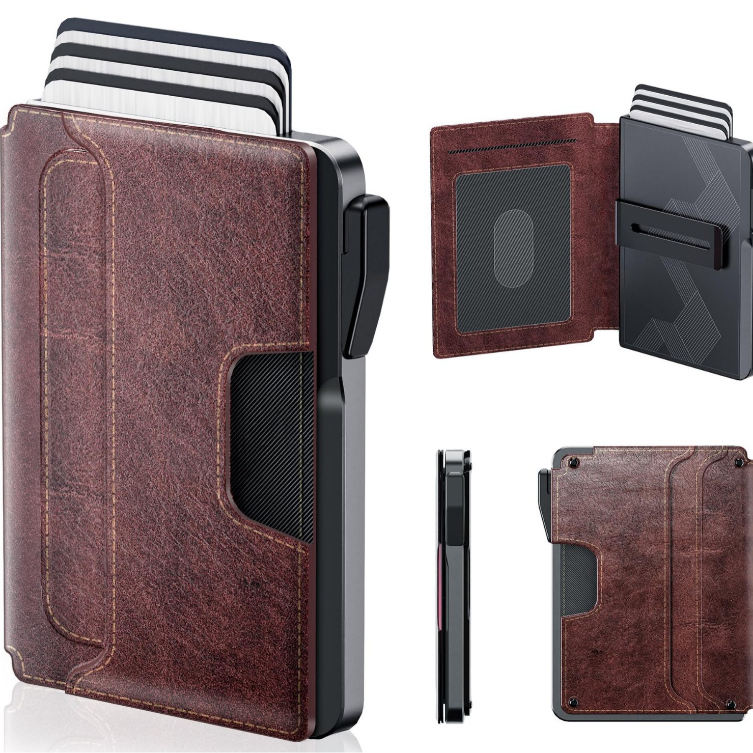 外贸新款防盗刷防侵权翻盖自动卡盒零钱包真皮跨境钱包男士高级感