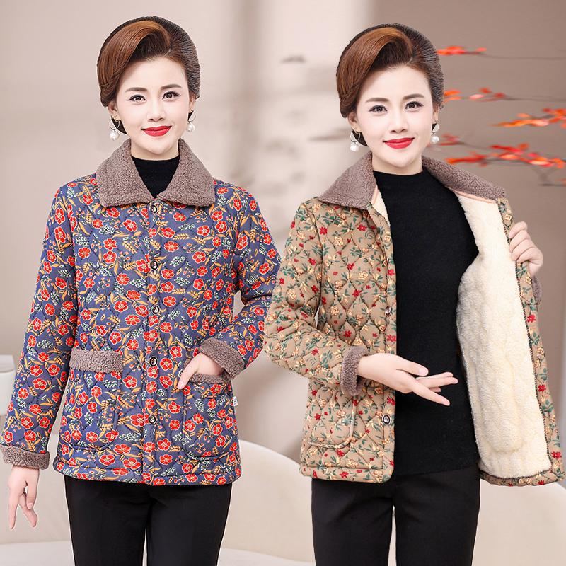 autumn and winter new middle-aged and elderly fleece-lined thick women‘s clothes mother‘s cotton-padded clothes warm coat floral cotton-padded clothes market supply