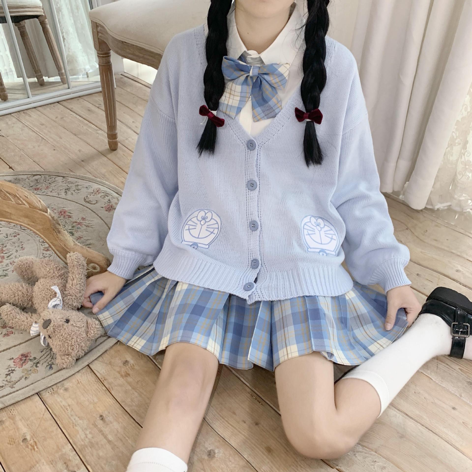 实拍现货 哆啦a梦毛织日系jk制服格裙学院风半身高腰百褶裙新款