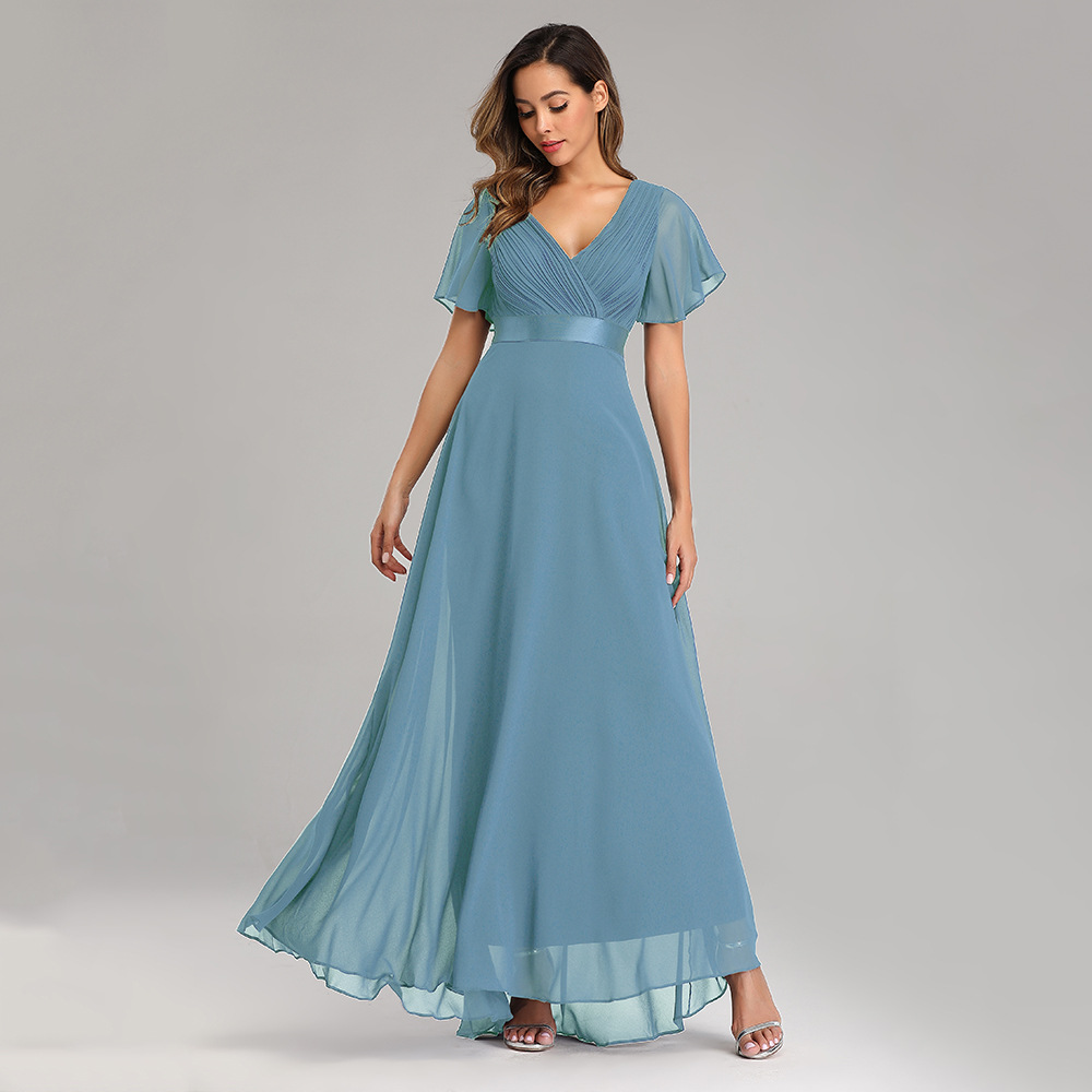 Double V-neck Flared Sleeve Dress Chiffon Evening Gown