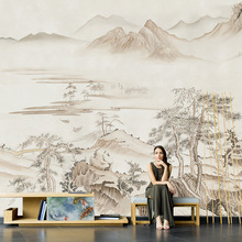 新中式水墨大气山水画墙纸电视背景壁布沙发卧室壁纸影视墙布壁画
