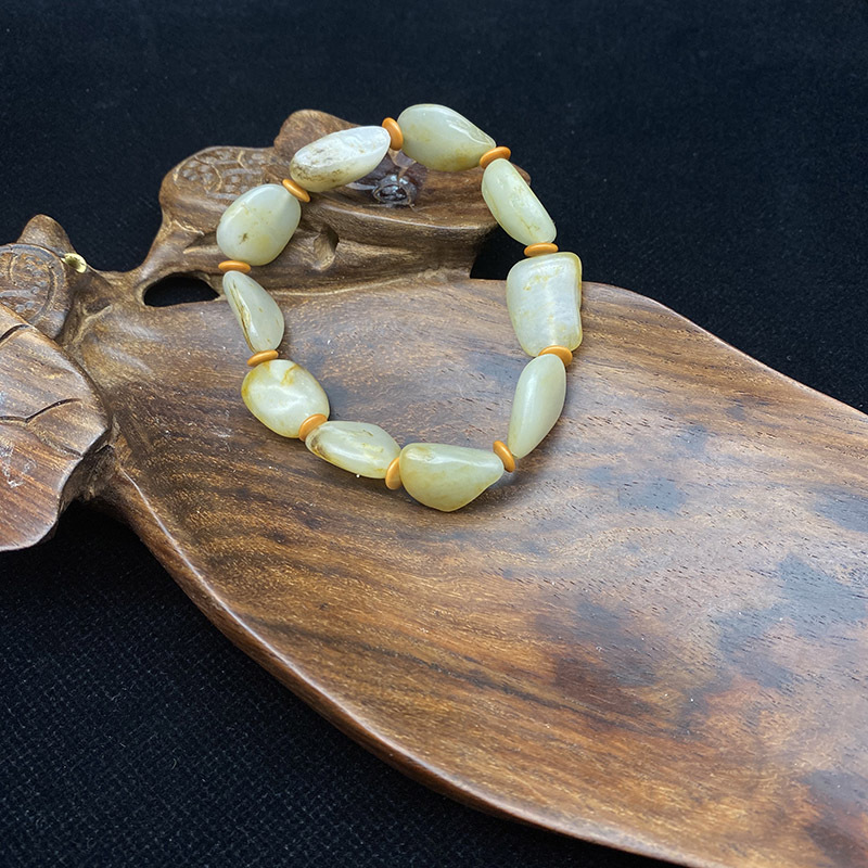 新疆和田玉原颗手链洒金皮有水草沁有皮色无修型无青花无染色籽料