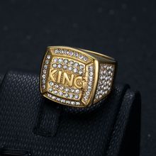 欧美新款嘻哈HIPHOP指环 钛钢真空镀金水钻KING国王男士戒指