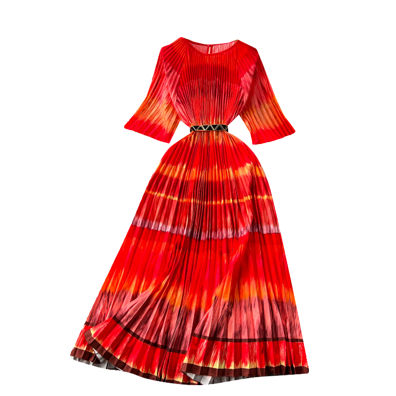 欧美名媛气质中袖连衣裙女2024夏装新款宽松收腰大摆压褶礼服长裙