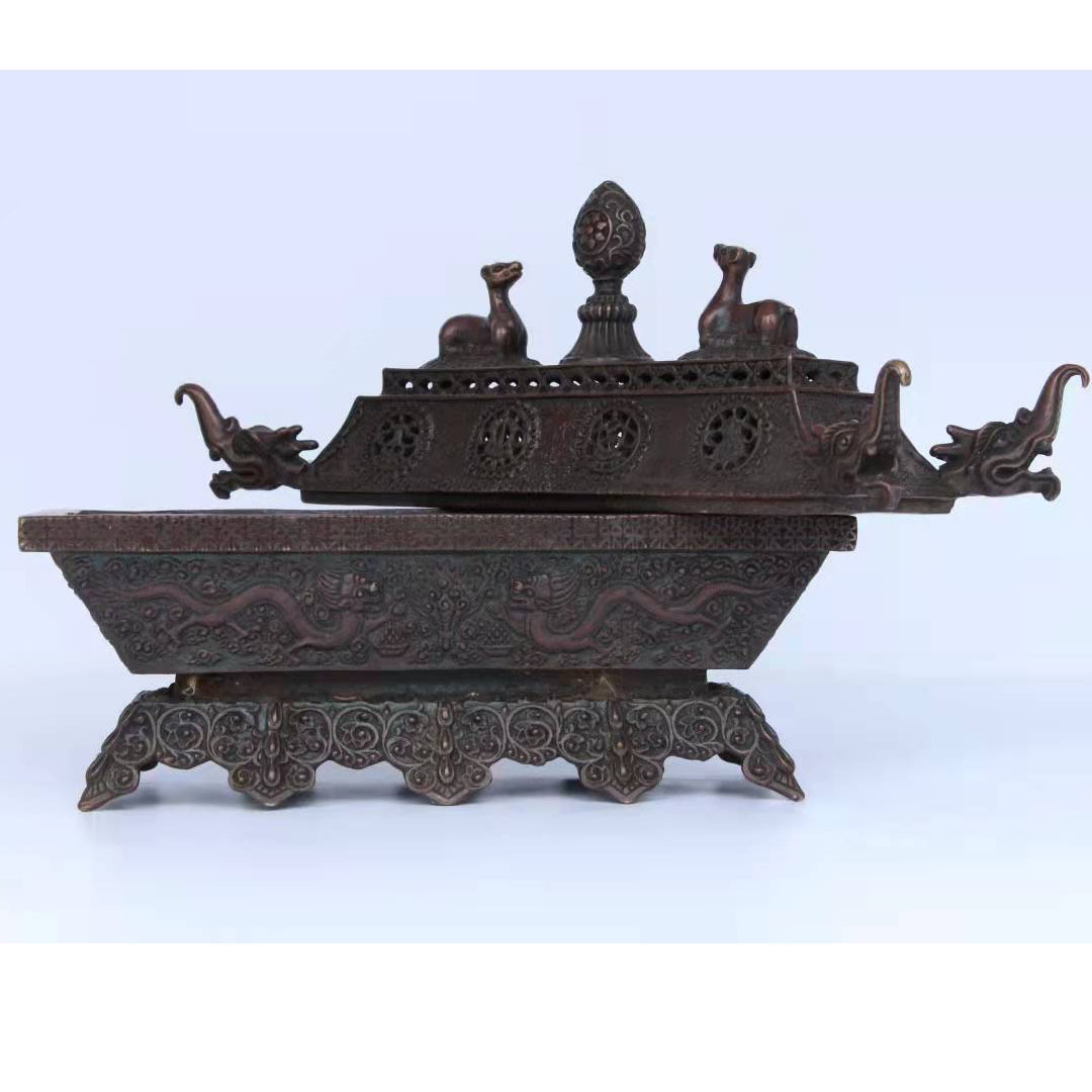 纯铜藏式卧香炉家用长方供佛香炉二龙戏珠纯铜吉祥八宝熏香炉