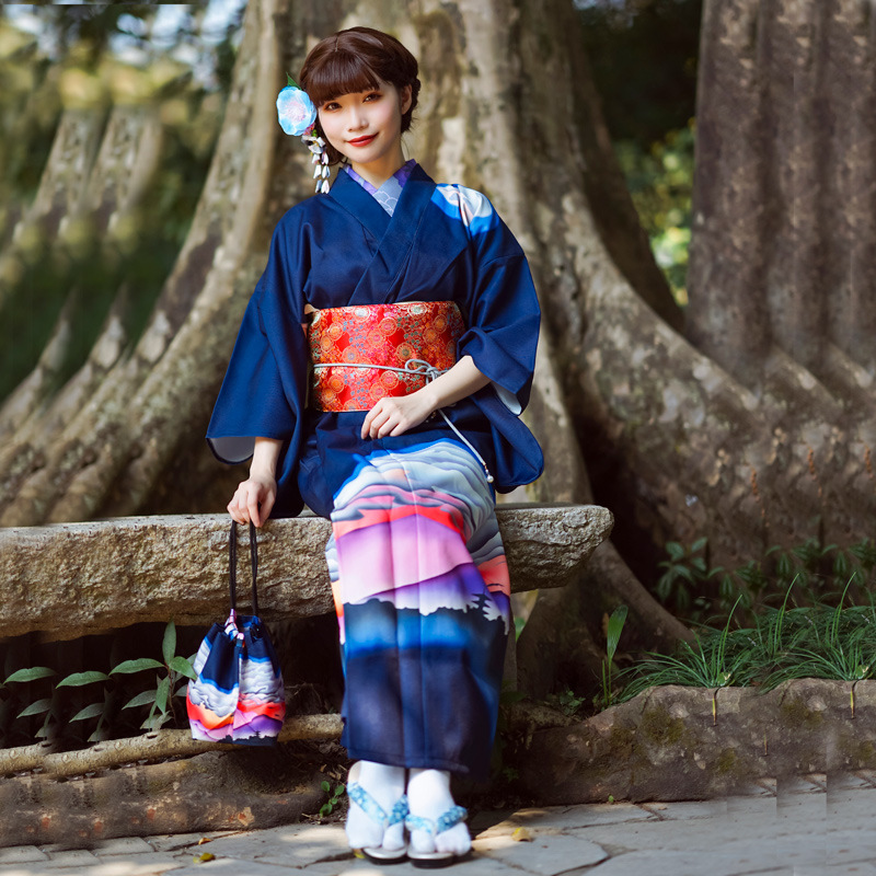 和风樱之美 2021新款少女日本浴衣温柔复古日系改良宝蓝色和服