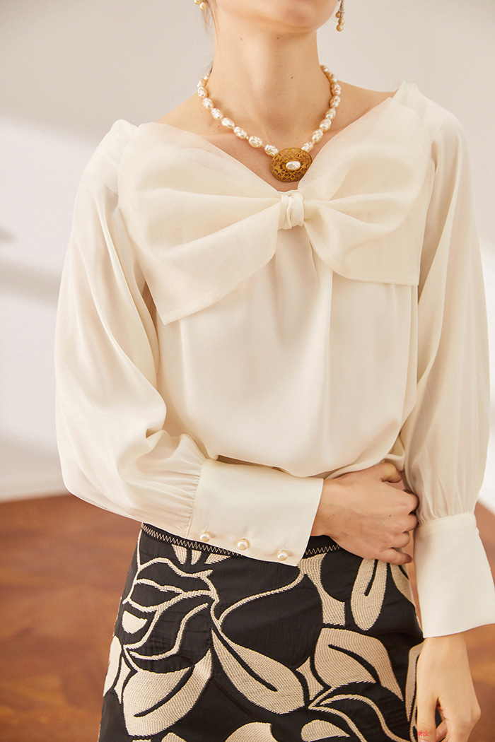 姆米真丝白色衬衫女早春设计感小众欧根纱蝴蝶结衬衣上衣