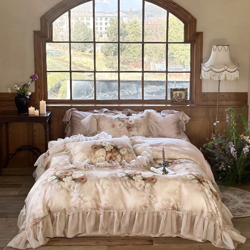 法式诺曼庄园春夏玫瑰花四件套卧室公主风花边床上用品-阿里巴巴