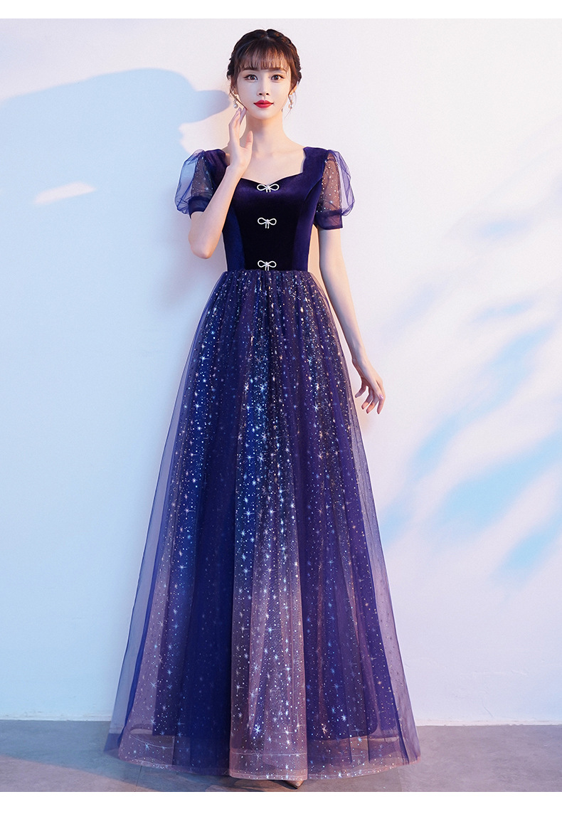蓝色星空晚礼服裙女2021新款宴会气质长裙大合唱团主持人演出舞蹈