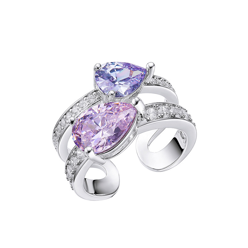 双圈排钻彩宝戒指女款设计小众2022春夏新款水滴彩色锆石时尚个性