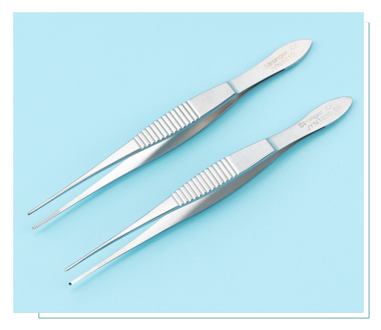 施强不锈钢眼用镊直弯头10cm横纹眼科小镊子双眼皮手术工具有钩镊