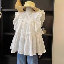 重工刺绣立领勾花白色娃娃衬衫女2024夏季韩版宽松显瘦娃娃上衣