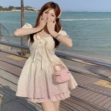 2023夏季法式草莓奶冻甜美公主松紧新款渐变色泡泡袖连衣裙短裙子