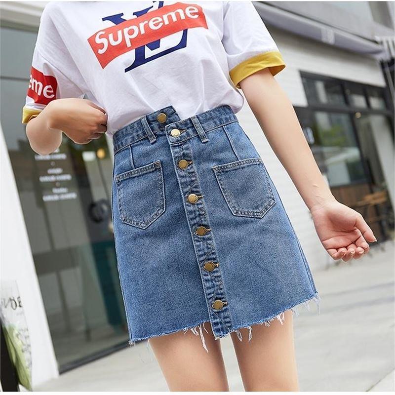 牛仔裙女夏新款学生高腰ins超火裙子a字不规则包臀斜排扣短裙