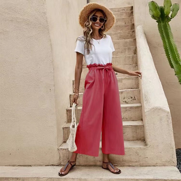 2023 New Summer Cross-Border Women's Clothing European and American Elastic Waist Solid Color Cotton Linen Belt Wide Leg Pants Loose Cropped Pants for Women