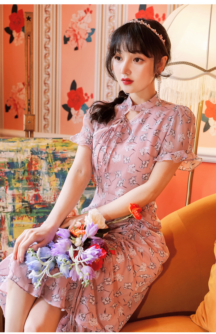 司藤同款年轻款少女粉色改良旗袍收腰抽绳褶皱连衣裙