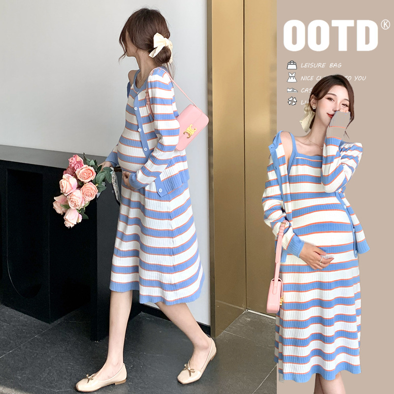 孕妇装2024 春季新款孕妇连衣裙气质条纹开衫吊带裙针织两件套装