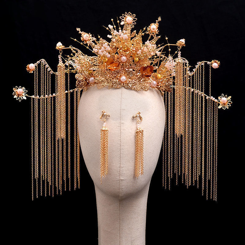 秀禾服批发新娘秀禾头饰新款女中式红色流苏凤冠古装结婚发饰