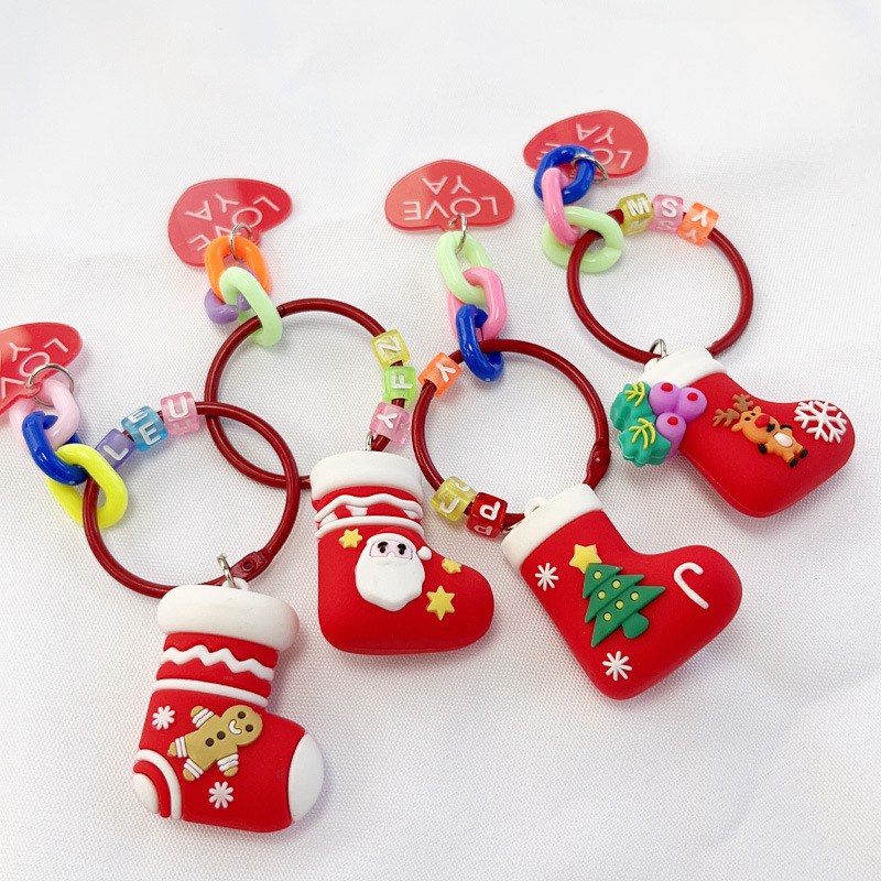 新款可爱圣诞袜子硅胶卡通挂链钥匙扣创意包包挂饰小礼品汽车配饰