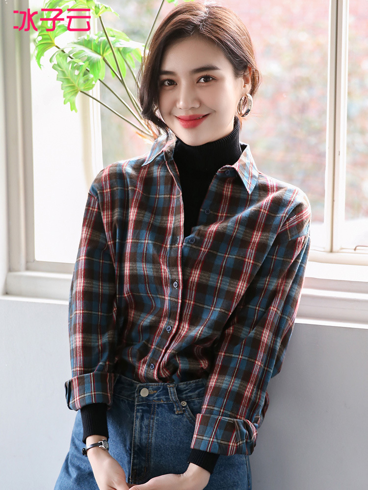 磨毛格子衬衫女复古港味秋冬新款厚款宽松百搭衬衣长袖上衣秋冬