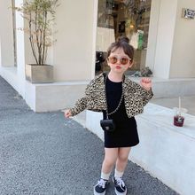 女童秋季套装新款儿童韩版长袖豹纹外套洋气针织连衣裙两件套
