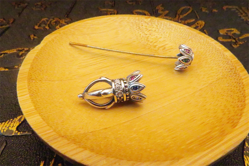 复古金刚杵西藏尼泊尔民族莲花挂件空托s925银镶嵌天珠吊坠桶珠