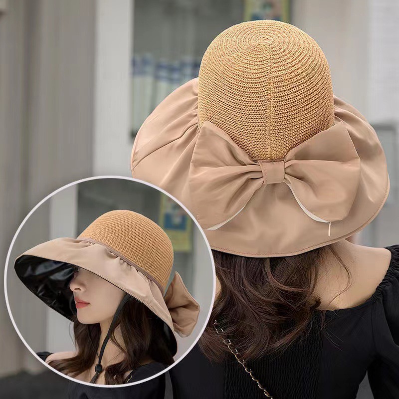 Black Rubber Big Brim Spring/Summer Bow Sunhat Storage Folding Fisherman Hat Women's Fashionable All-Match Sun Protection Sun Hat