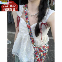 丝绒绑带网纱吊带背心女夏季2024新款甜美风设计感无袖宽松上衣潮