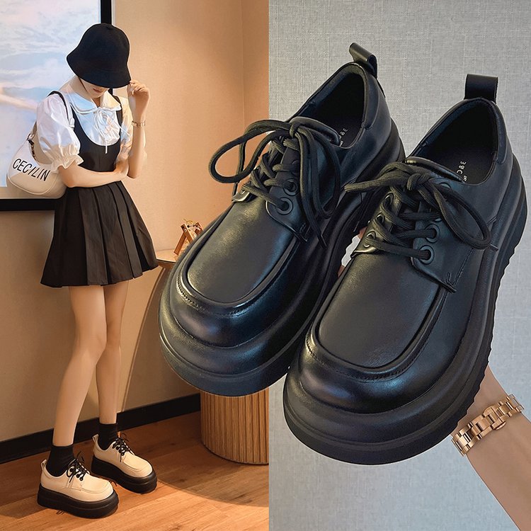 2024新款单鞋女休闲系带平底乐福鞋学生厚底松糕小皮鞋女鞋批发
