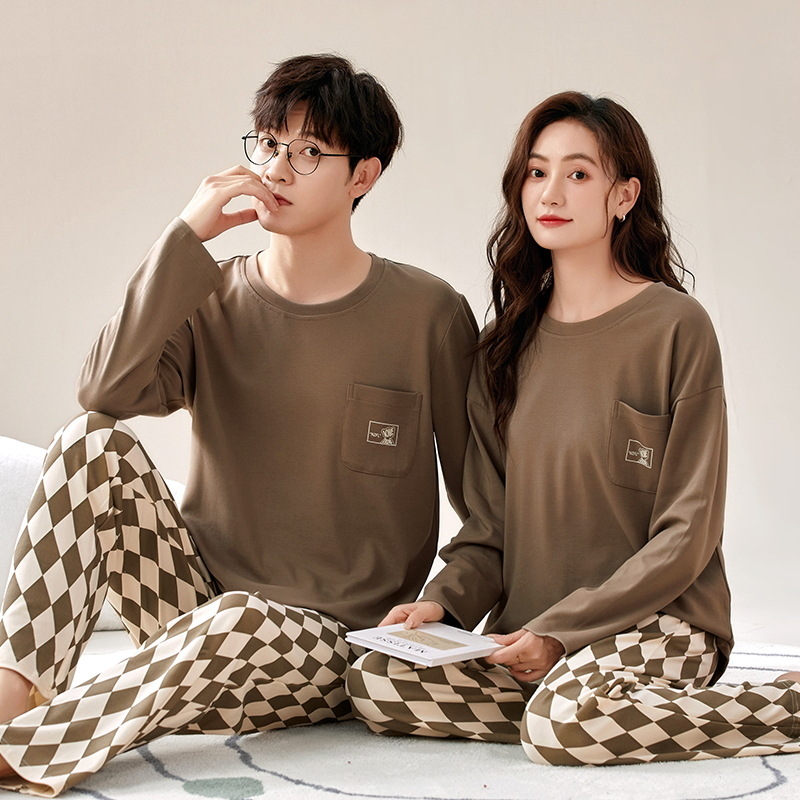 New Couple's Cotton Pajamas Men's and Women's Fall/Winter Long Sleeve Pants Homewear Suit Simple Casual Home Comfortable