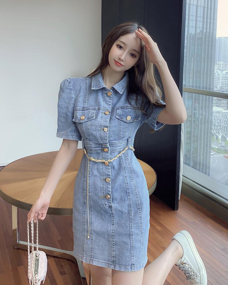 申瞅年夏季新款法式气质复古减龄牛仔连衣裙女装短袖包臀紧身裙子