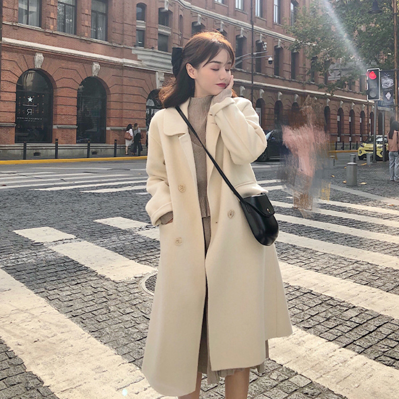 1221新款双面羊绒大衣加厚中长款小个子白色毛呢外套女秋冬百搭图片