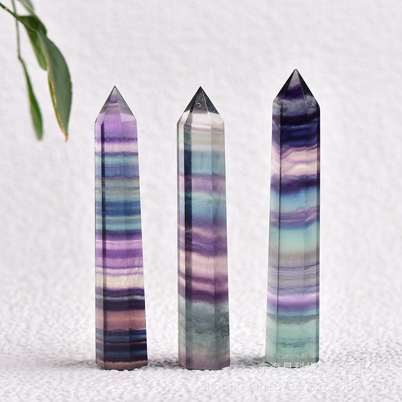 天然原石水晶柱 七彩萤石单尖六棱水晶柱 原石打磨工艺品现货批发