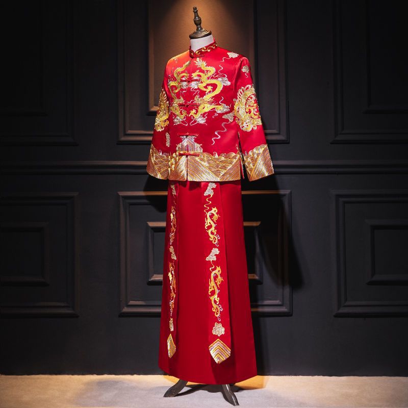秀禾服男新郎结婚礼服2023春夏大码金色敬酒服中式龙凤褂套装