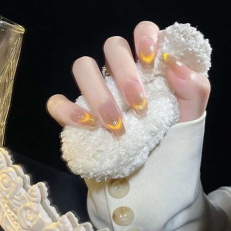 抖音爆款手工穿戴甲冰透动感金色晶石猫眼甲片微笑法式猫眼成品甲