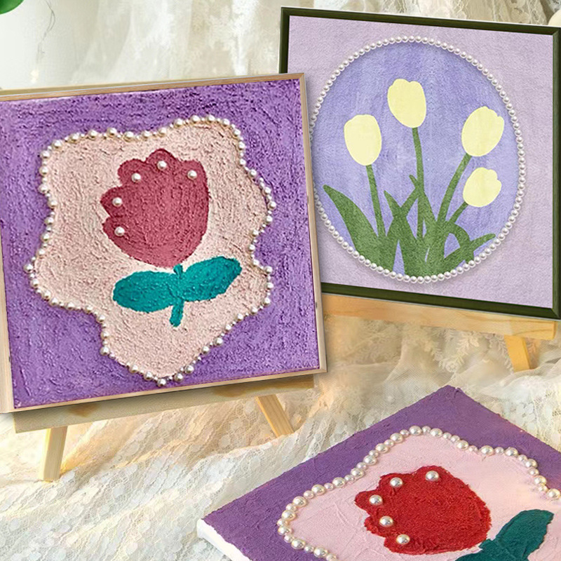 风景珍珠花丙烯立体肌理画diy数字油画石英砂手工郁金香装饰画