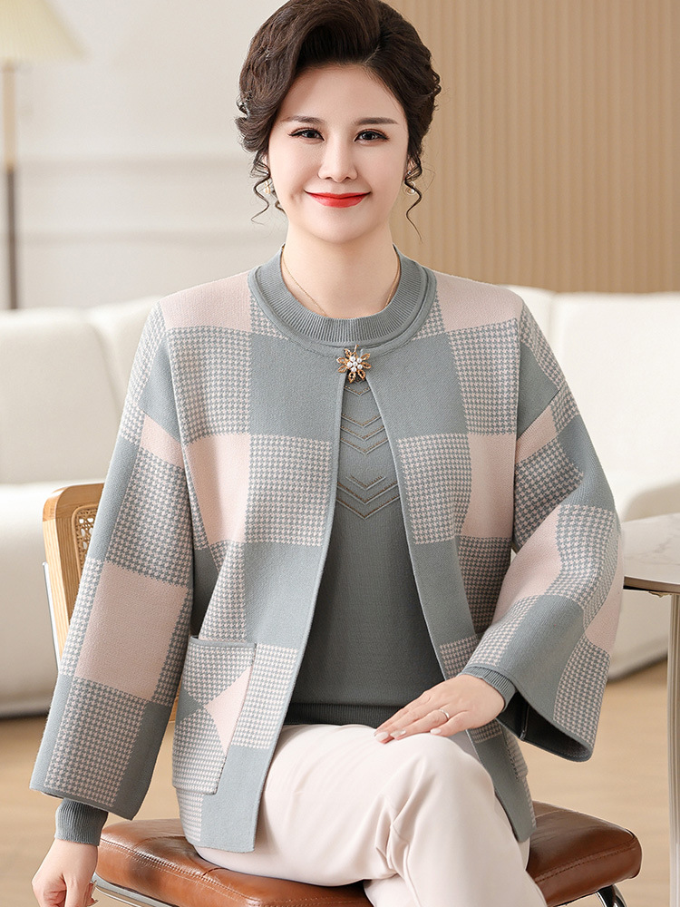 格子上衣套装中老年大码女装胖妈妈秋装2024两件新款时尚毛衣外套