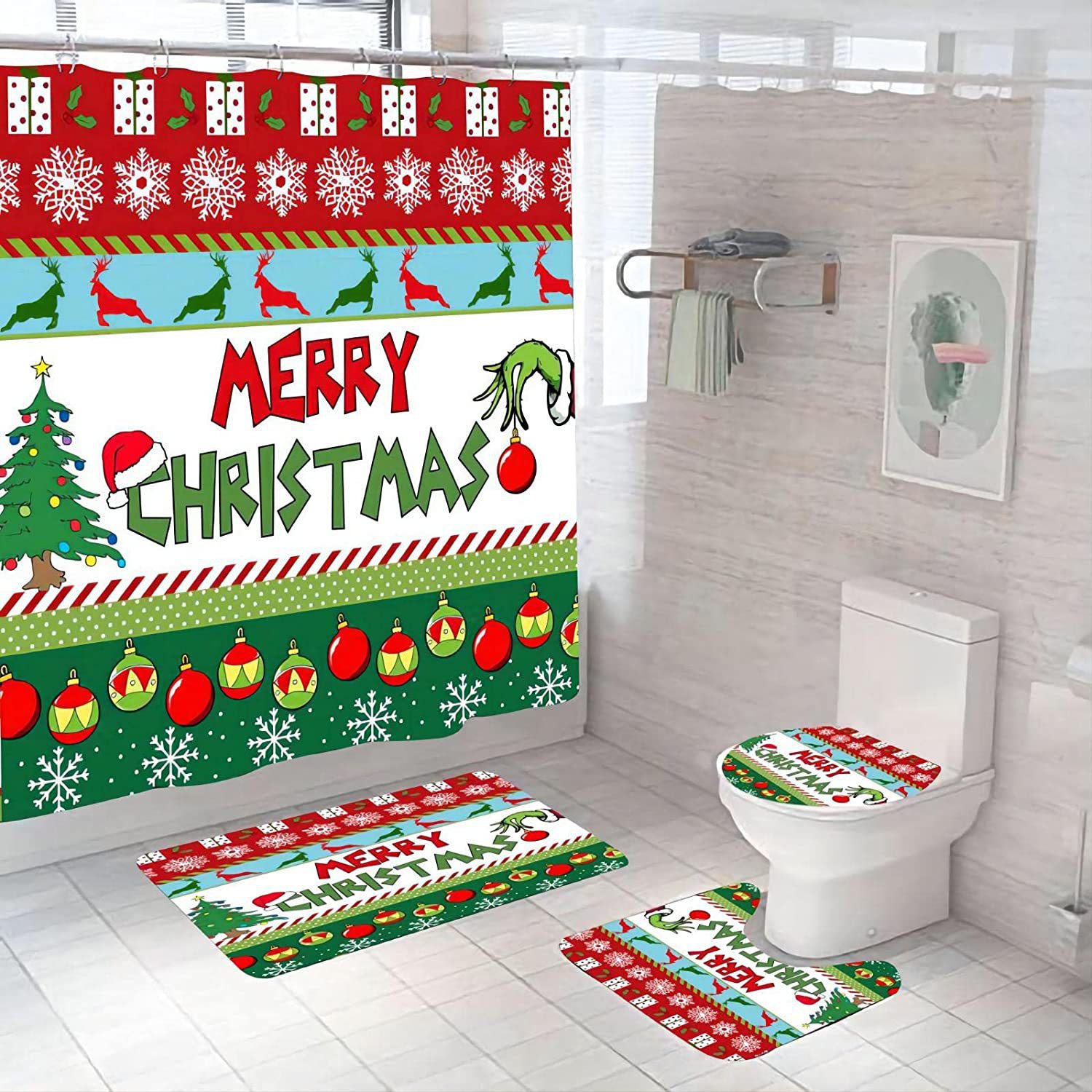 Christmas Grinch 3D Digital Printing Home Decoration Jingling Bell Bathroom Waterproof Four-Piece Set Shower Curtain Cloth Shower Curtain