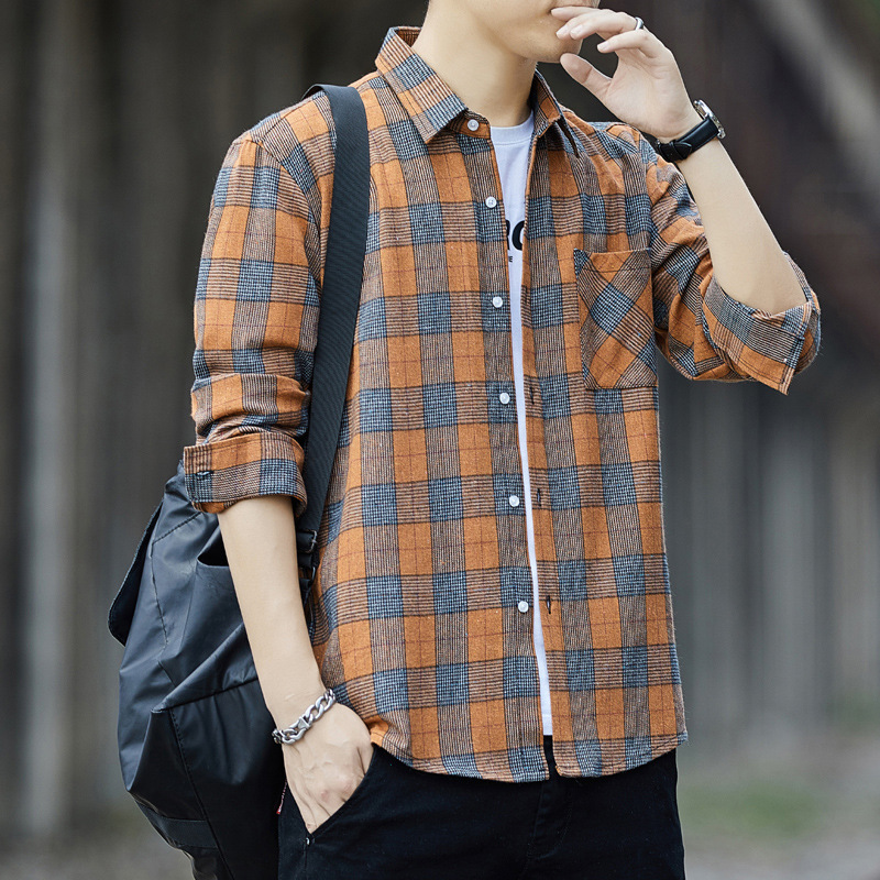 Men's Shirt Long Sleeve Plaid Shirt Men's Trendy Casual Korean Style Fashionable All-Match Top Clothes Striped Shirt Men's