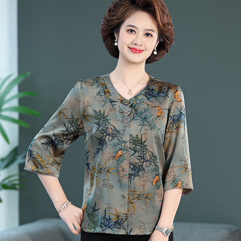 母亲节妈妈春夏装洋气中老年女小衫太太中袖t恤奶奶仿真丝 衬衫